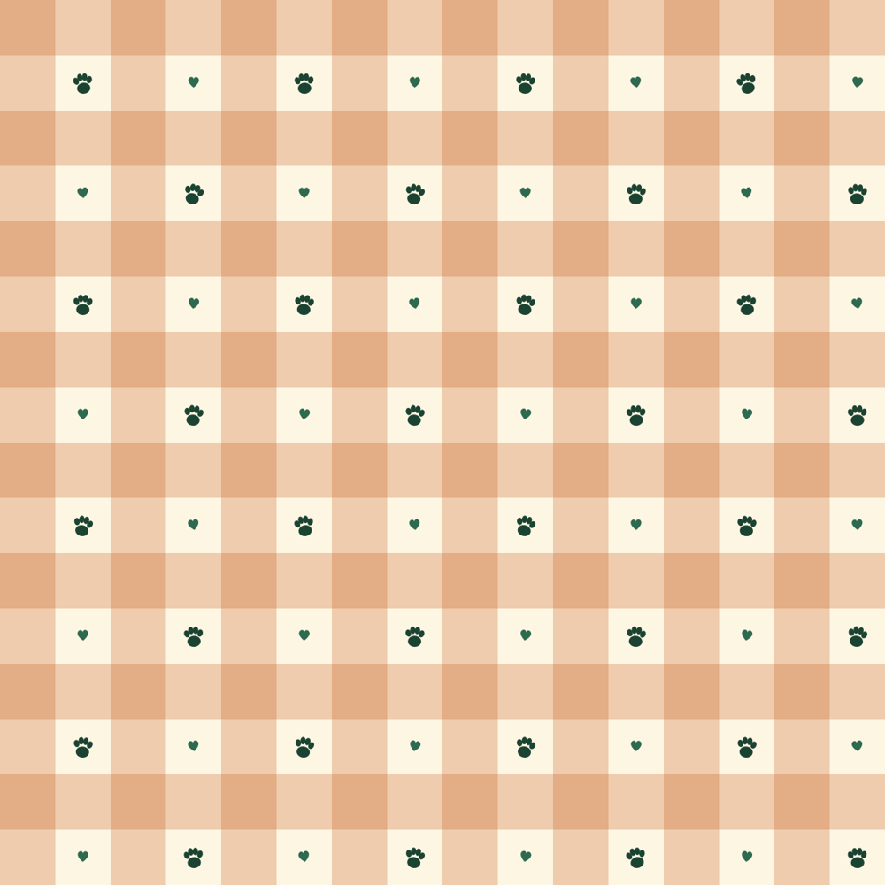 Dog bandana with terracotta gingham check, paw prints and hearts